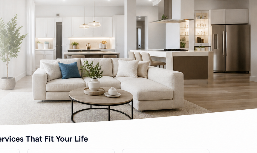 Bright modern living room and kitchen, professionally cleaned